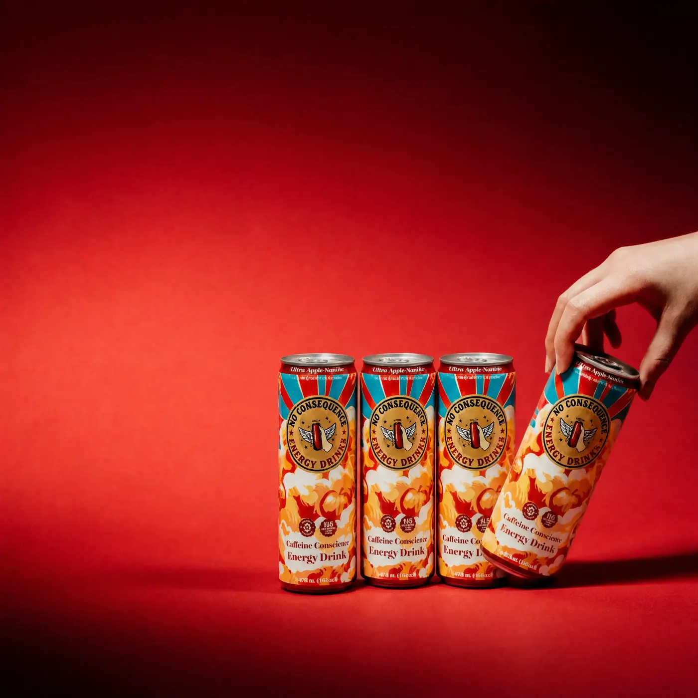 A row of Citrus Apple Sunrise cans on a red backdrop, one being picked up