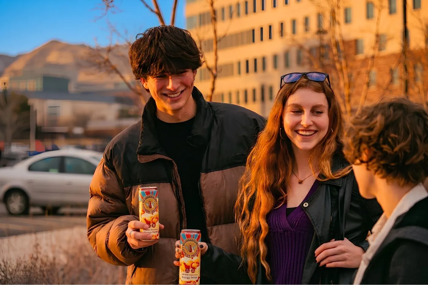 Two friends holding cans of No Consequence at golden hour in Salt Lake City